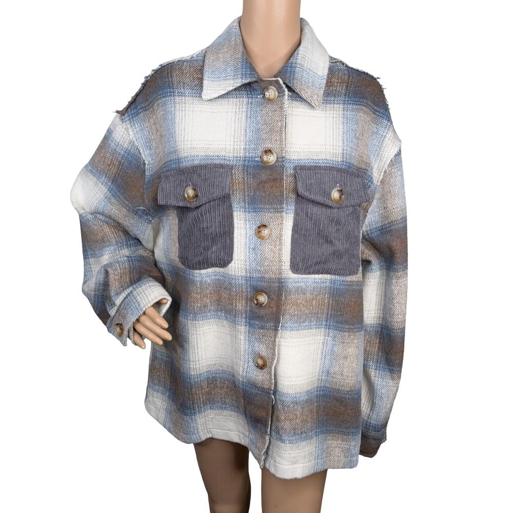 Altar'd State Plaid Flannel Shacket M NWT Blue White Gray Corduroy Pocket Jacket